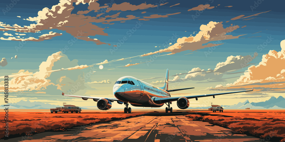 airplanes on the runway with bright sky and good weather vector flat bright color - obrazy, fototapety, plakaty 
