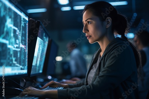 
Portrait photograph of a male computer scientist in her late 40s, working on algorithms in a computer science lab, with computer monitors and servers behind her