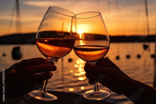 Toasting with glasses of amber wine against sunset over water. Sunset Toast with Amber Wine