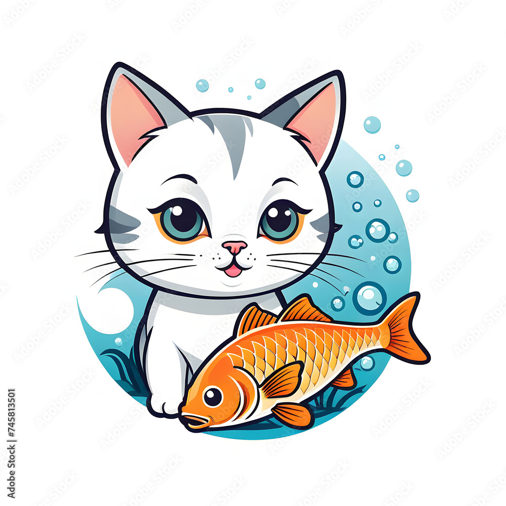 flat logo vector cute cat and fish illustration, cat and fish, generative AI 