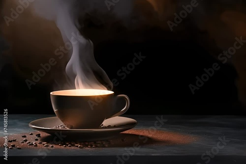 Steaming cup of coffee on a saucer. Generative AI photo