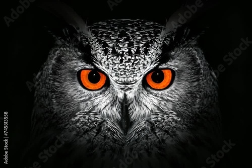 Close-up of owl with orange eyes. Generative AI photo
