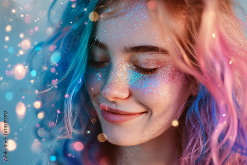 happy teen girl with closed eyes with glitter shadows and colored hair on the sparkling background