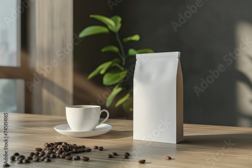 Blank coffee packaging on the table, mockup.