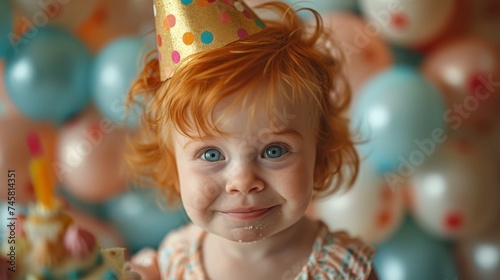 baby celebrating a birthday, wearing a party hat, surrounded by balloons and a birthday cake with one candle