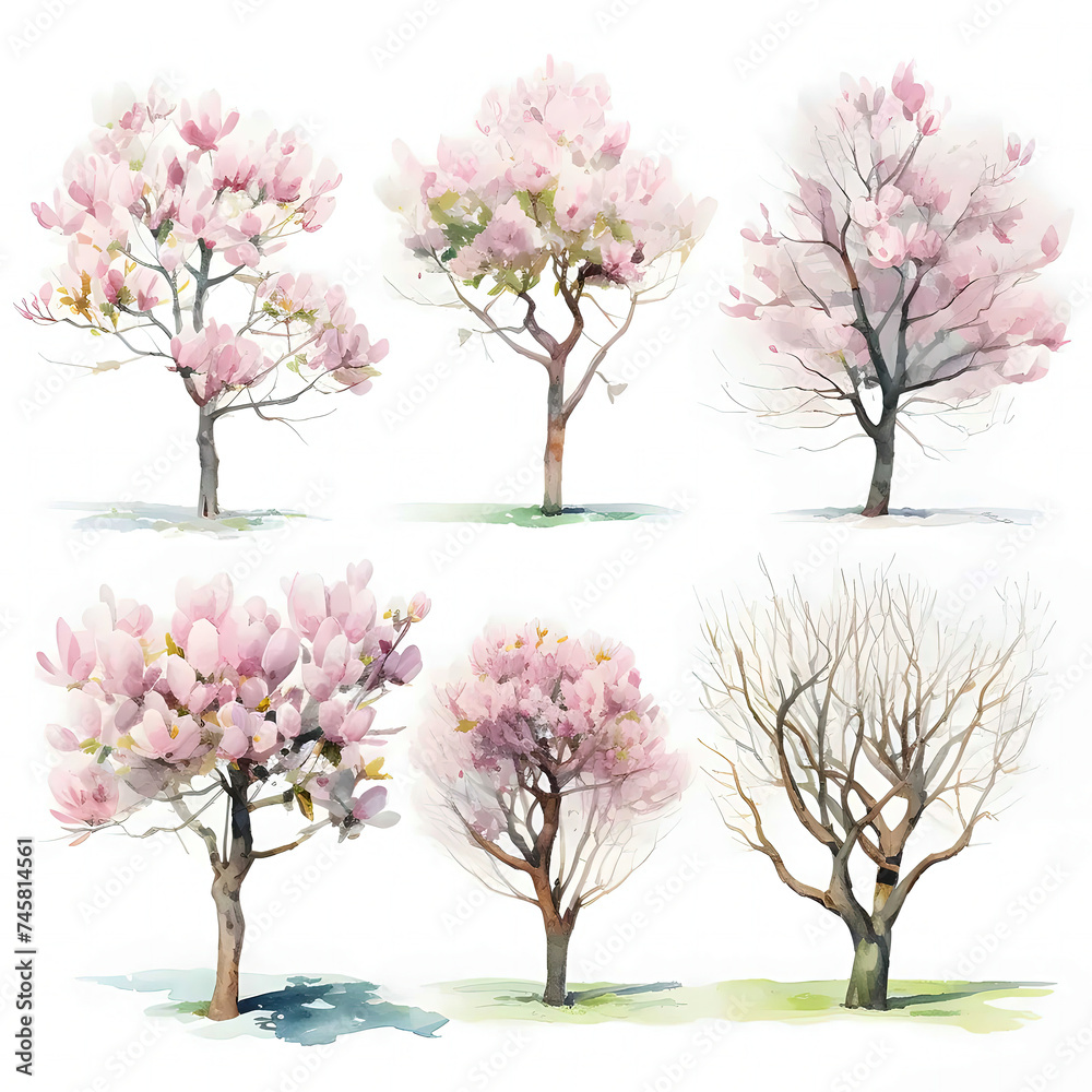 four different types of trees with pink flowers