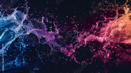 Water splashes in various hues over a dark background, Splash of paint. Abstract background. Digital Art, colored floating liquid in the trend colors pink, orange, blue and violet. 3d