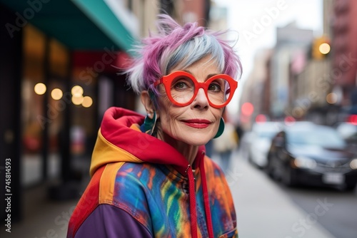 Portrait of senior woman with pink hair and glasses in the city
