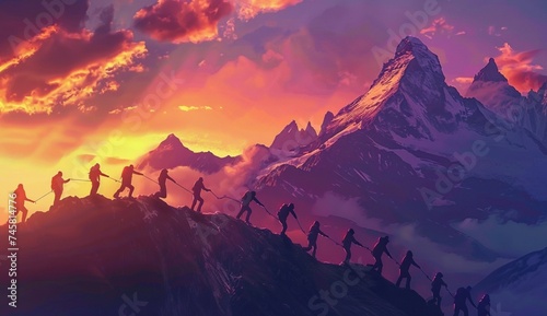 In the tranquil embrace of a mountain sunset, a group of adventurers forms a human chain, their interconnected hands a symbol of solidarity and shared purpose. Against the backdrop of towering peaks © Noor