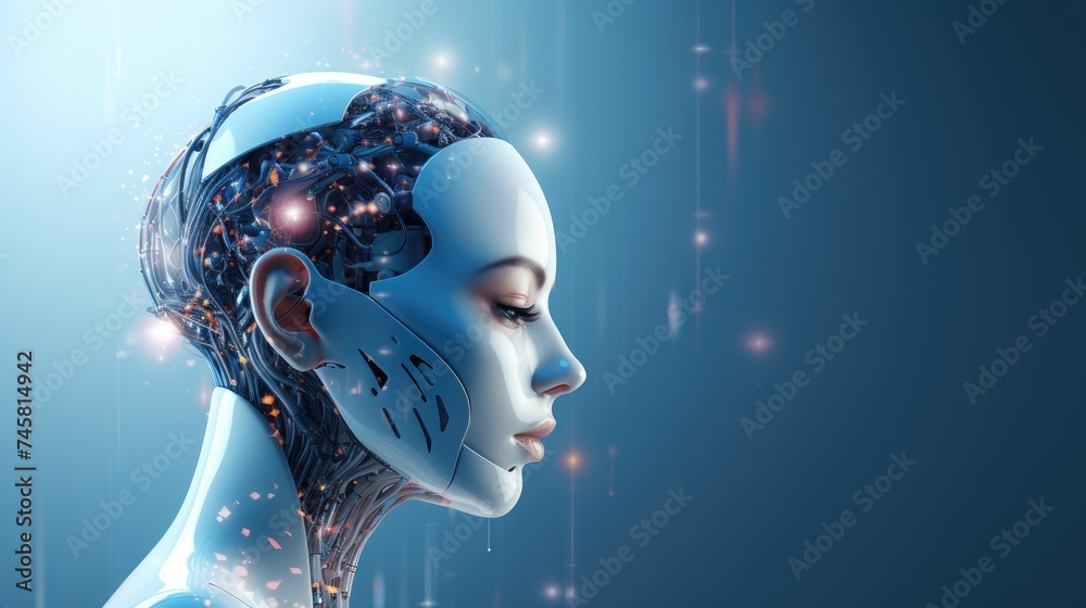 Profile of girl with a metal head and mechanical elements. The Cyber art concept. Futuristic Robot woman. Innovation and variation in technology.