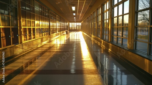 Morning light filtering through windows, casting shadows on lockers, signifies a fresh school day beginning.