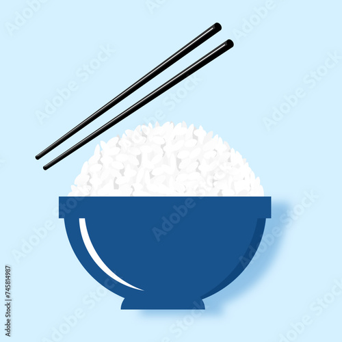 Rice bowl icon sign with chopsticks on blue background vector.