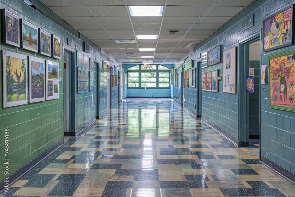 A school hallway turned gallery, showcasing student photography and art, the walls a testament to creativity and expression.