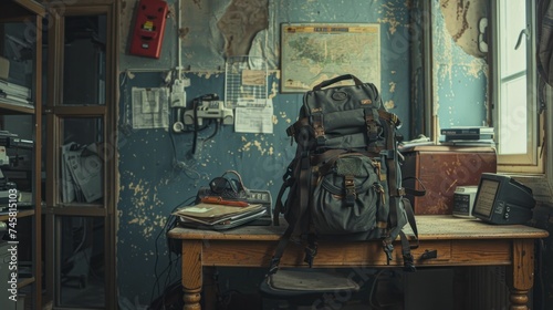 Left by a desk, an abandoned backpack holds silent witness to a hurried departure at day's end. photo