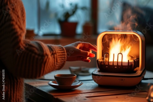 電気ストーブで手を温める部分暖房のイメージ, Generative AI photo
