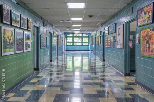 A school hallway turned gallery, showcasing student photography and art, the walls a testament to creativity and expression.