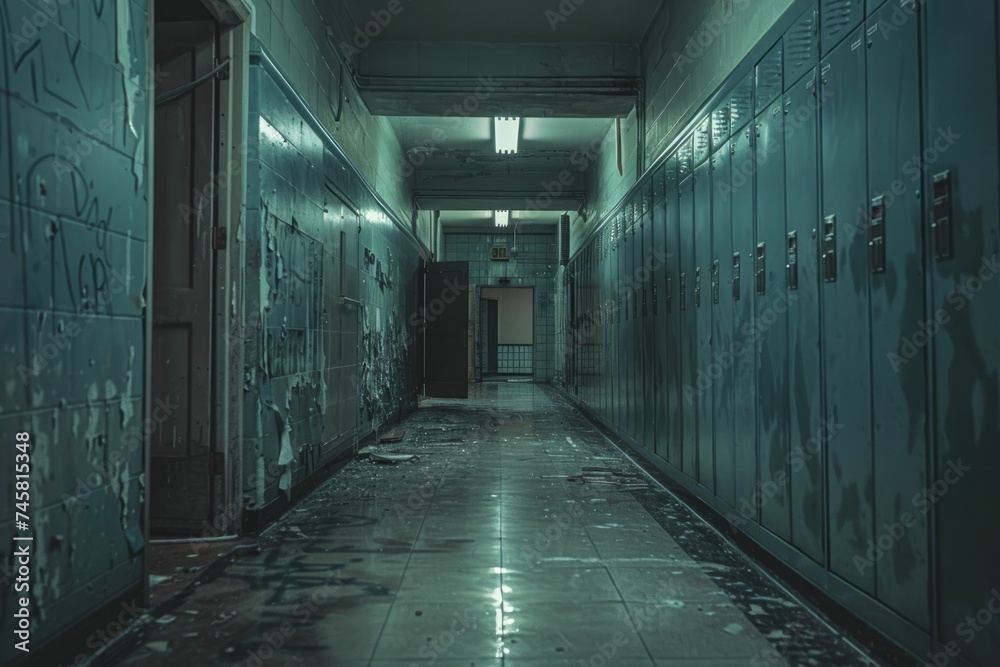 The quiet school corridor hints at untold tales and mysteries within closed lockers, stirring anticipation.