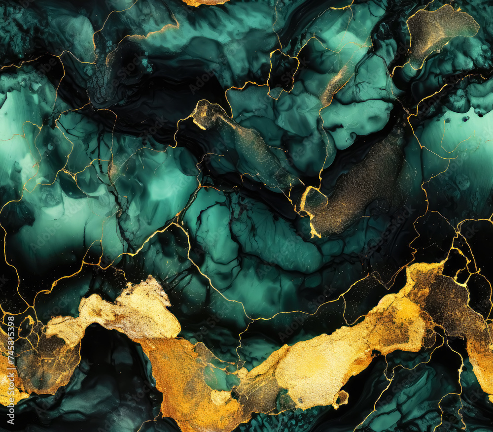 Abstract Emerald and Gold Alcohol Ink Marble Texture Seamless Pattern Background