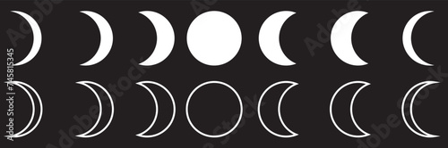 Moon phases astronomy icon silhouette symbol set. Full moon and crescent sign logo. Vector illustration. Isolated on Black background.