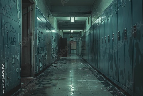 The quiet school corridor hints at untold tales and mysteries within closed lockers, stirring anticipation.