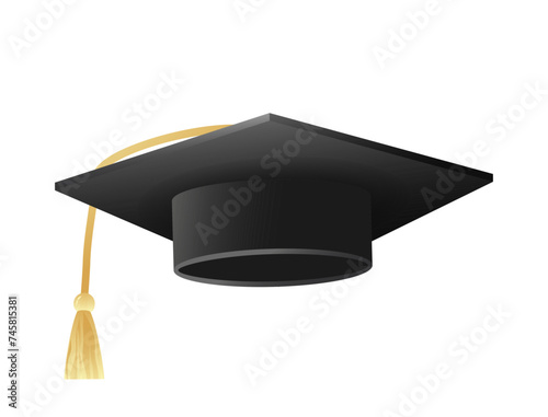 Academic graduate hat 3d realistic,dark color isolated on white background.Hand drawn.Design element graduation ceremony decoration,cards,banners,invitations,websites.Flat style.Vector illustration