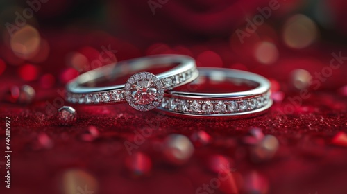 wedding rings for couple minimalistic design on a red background © nataliya_ua