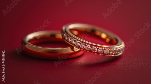 wedding rings for couple minimalistic design on a red background