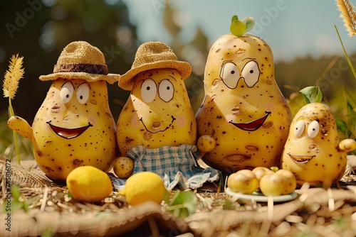 A group of potatoes with various facial expressions painted on them, creating a whimsical and playful scene. Generative AI
