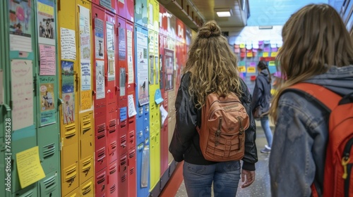 Students using lockers as a bulletin board, posting flyers for clubs and events, the lockers becoming a hub of information and involvement.