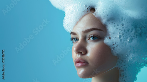 Beautiful woman with a dollop of shampoo foam on her head photo