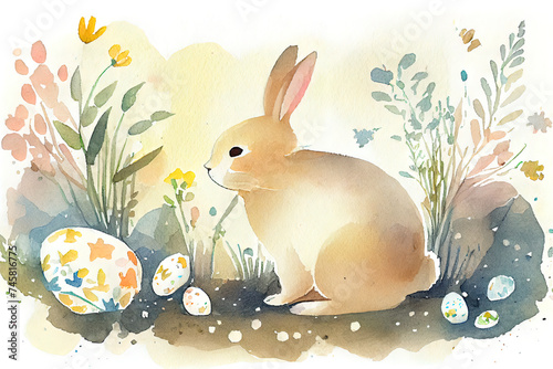 Easter bunny watercolor background. AI generated photo