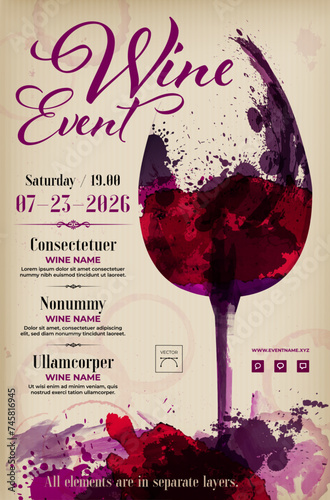 Abstract watercolor splashes wine glass on vintage background - poster template for your Wine event photo