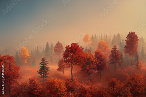 Morning autumn forest. AI generated.