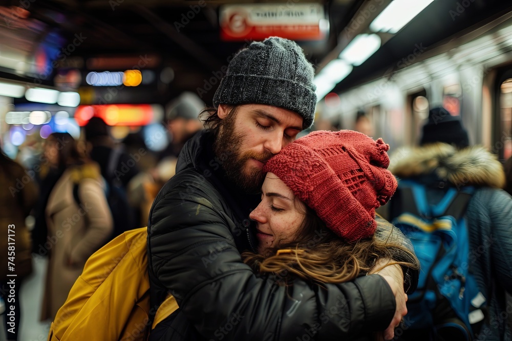 A man and a woman are seen embracing on a subway platform, surrounded by commuters and the hustle and bustle of a busy city. Generative AI