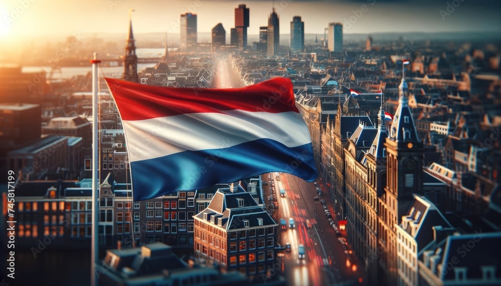 The flag of the Netherlands stands out against a cityscape, symbolizing national pride amid urban progress - obrazy, fototapety, plakaty 