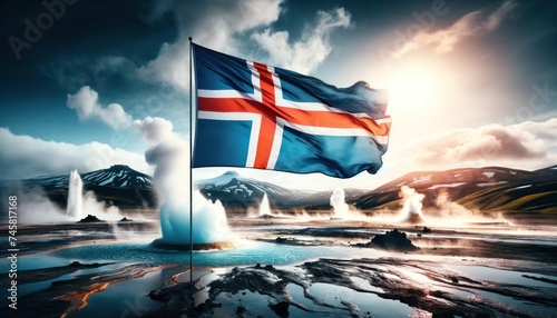 Icelandic flag close-up with geysers and volcanoes, showcasing geological majesty