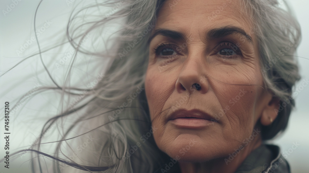 Elderly woman with windswept gray hair looking thoughtful Elderly woman with windswept gray hair looking thoughtful