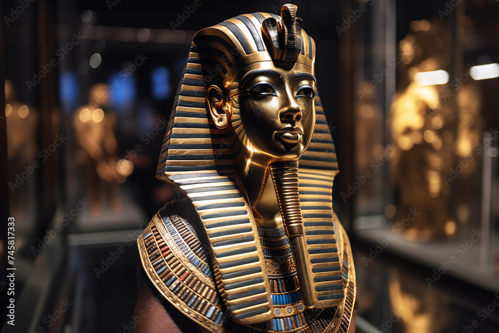 Pharaoh Tutankhamen in a dark museum room.