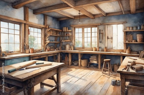 medieval carpentry workshop watercolor background