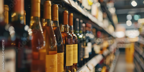 wine shelves on display at store Defocused rows of Wine Liquor bottles on the supermarket shelf