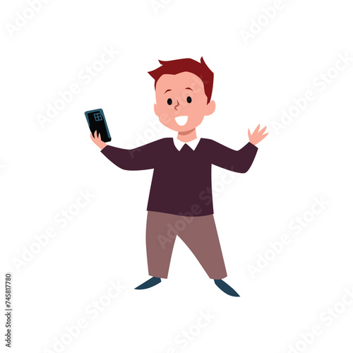Happy child boy holding mobile phone flat style, vector illustration