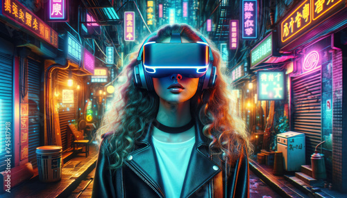 Woman Experiencing Virtual Reality in Neon City