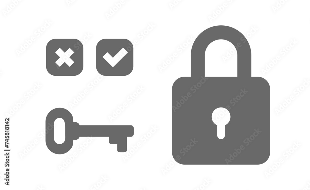 Vector security illustration of closed padlock with cross and check mark on white background. Flat style design of padlock with key hole and key Vector security illustration of closed padlock with cross and check mark on white background. Flat style design of padlock with key hole and key