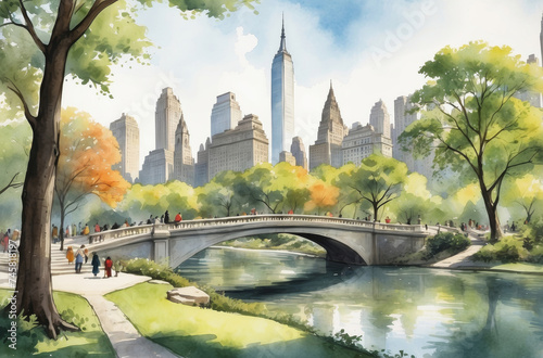 New York  city Central park in 1930s watercolor background