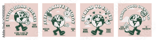 Collage retro posters with funny walking comic characters, care for the enviroment . Save water, recycle, less plastic, alternative energy. Eco save planet, Earth day concept. Set in vintage style	