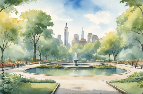 New York city Central park in 1930s watercolor background
