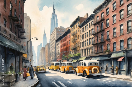New York  city in 1930s watercolor background © Magic Art