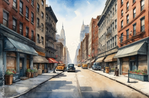 New York  city in 1930s watercolor background © Magic Art