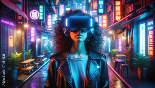 Woman Experiencing Virtual Reality in Neon City