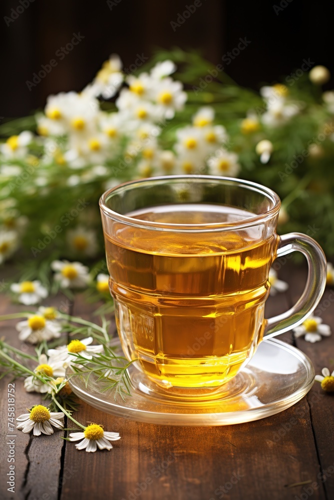 vertical image of glass cup of herbal heathy chamomile tea on wooden table with chamomile flowers on rustic background vertical image of glass cup of herbal heathy chamomile tea on wooden table with chamomile flowers on rustic background
